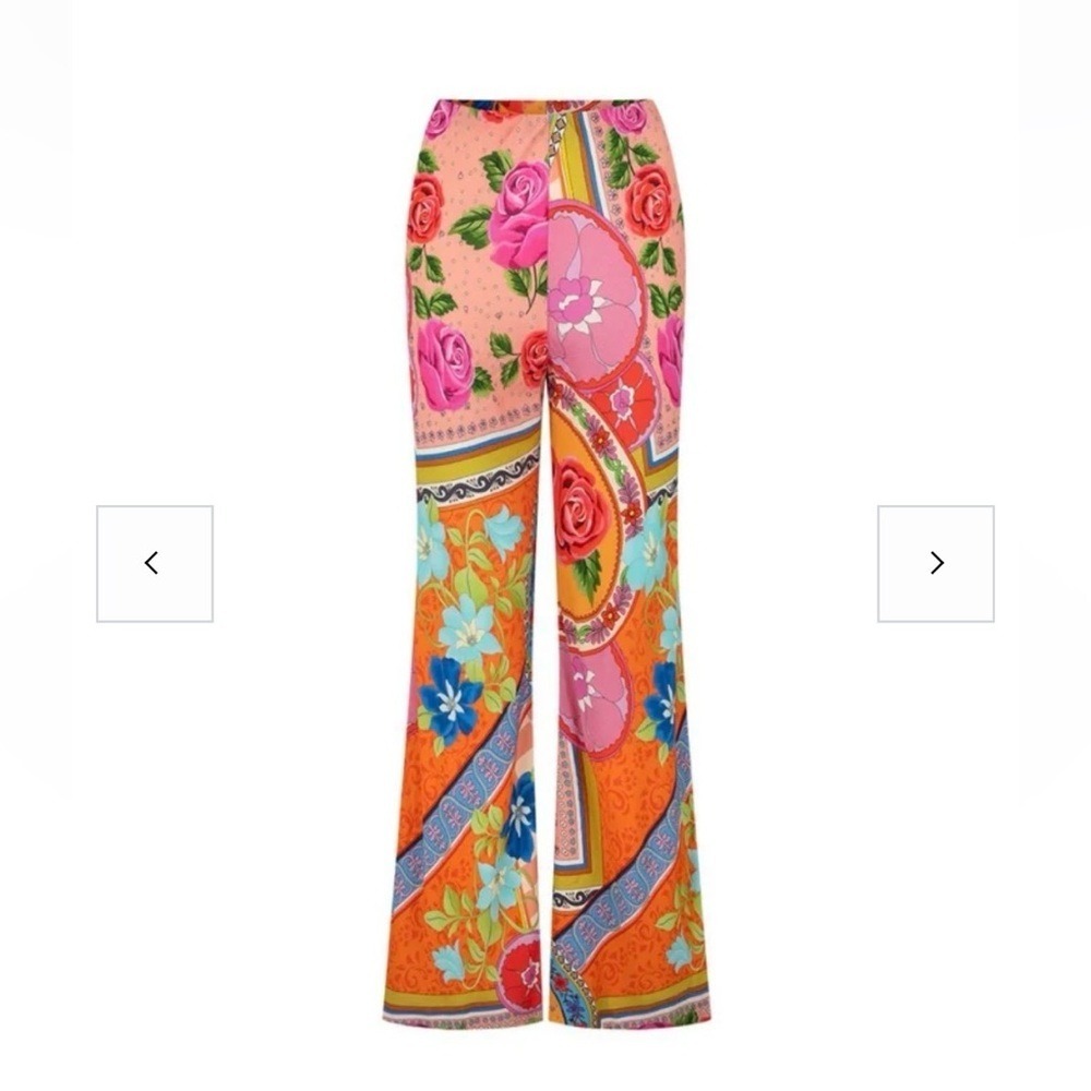 Spell NWT Aphrodite Bias Pant Rose Floral Wide Leg Trousers Pink Orange M - Picture 8 of 12